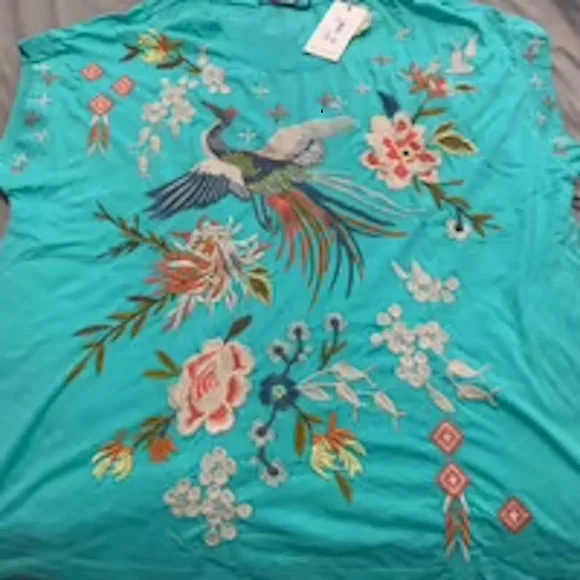 JOHNNY WAS embroidered Turquoise Tee STUNNING Sz L NWT-RARE/Hard-to-find! - Picture 2 of 16